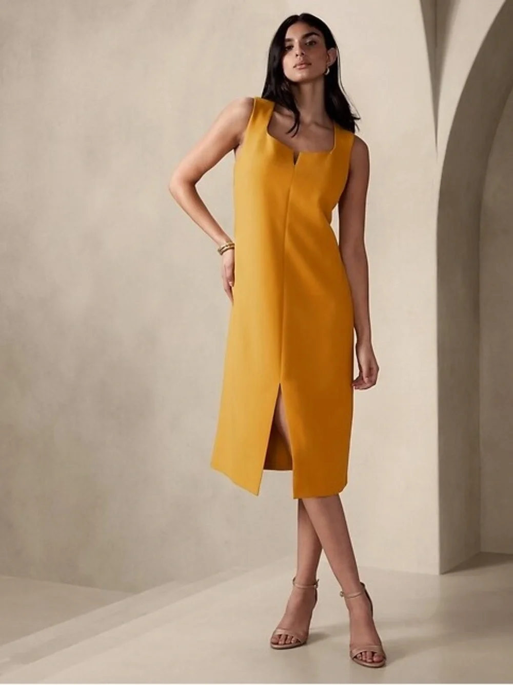 NWT Banana Republic Sleeveless Notch-Neck Midi Sheath Dress Mustard Yellow